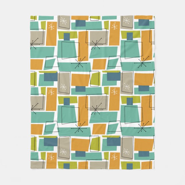 Funky Turquoise Orange Green Squares Mitte Jahrhun Fleecedecke (Vorderseite)