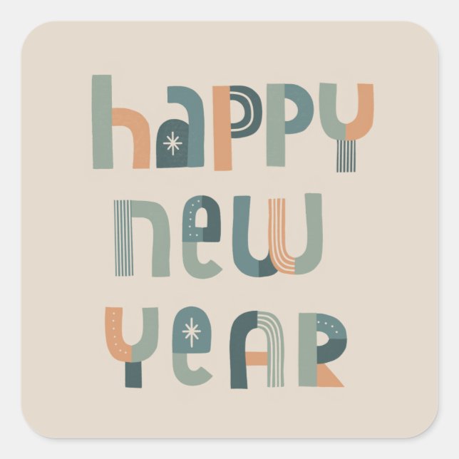 Funky Typografy Happy New Year Design Quadratischer Aufkleber (Vorderseite)
