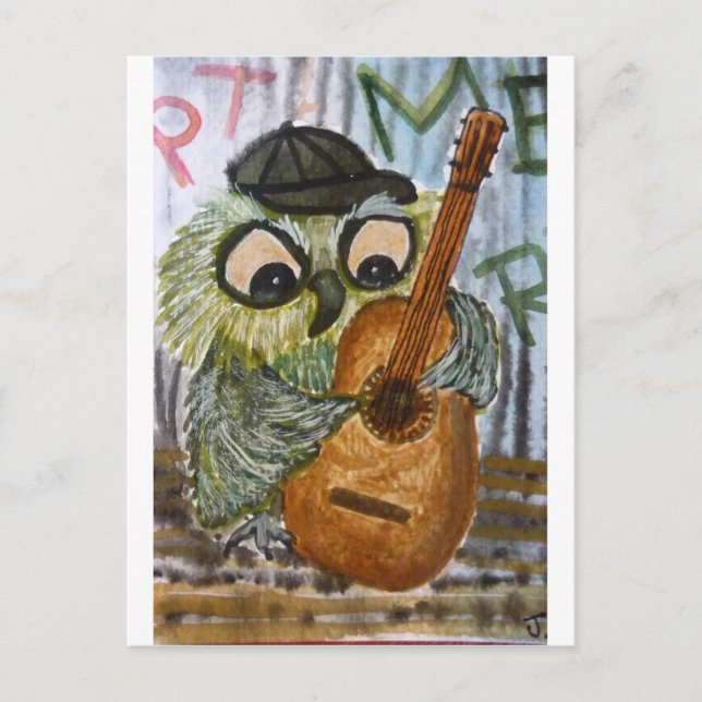 Funky Uhu spielt Gitarre, alter Wasserfarbvogel Postkarte (Vorderseite)