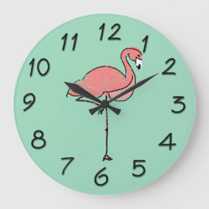 Funky Vintag Pink Flamingo Blue Große Wanduhr