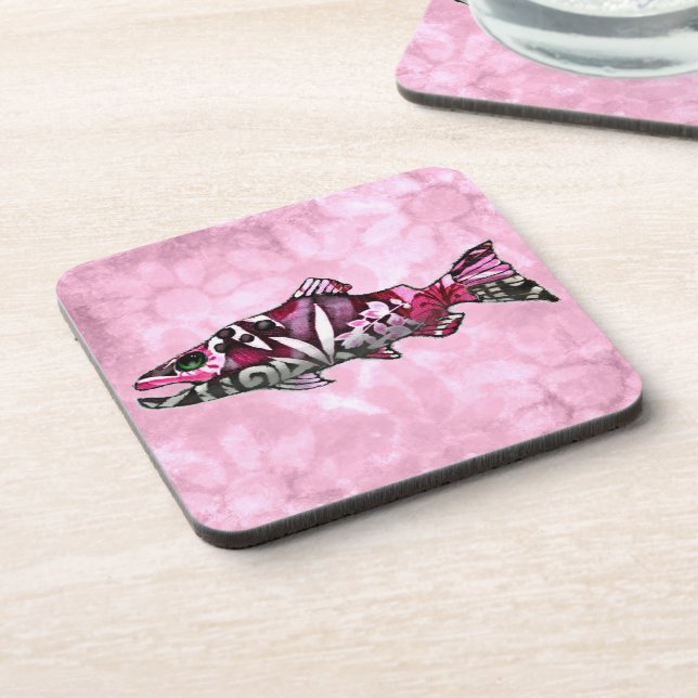 Funky Whimsical Abstrakt Lachs Fish Malerei Art Getränkeuntersetzer (Linke Seite)