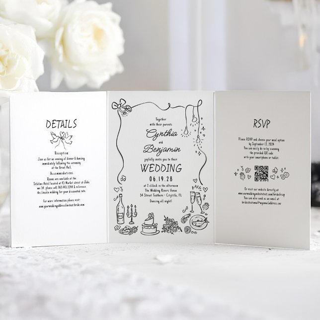 Funky Whimsical Doodles Modernes Wedding Foto Dreifach Gefaltete Einladung (Hand drawn Whimsical Funky French Style Wedding Invitation)