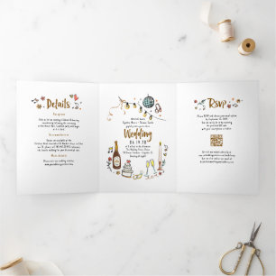 Funky Whimsical Doodles Modernes Wedding Foto Dreifach Gefaltete Einladung