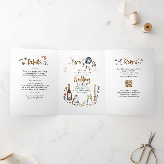 Funky Whimsical Doodles Modernes Wedding Foto Dreifach Gefaltete Einladung (Innenseite)