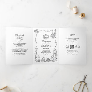 Funky Whimsical Doodles Retro Wedding Foto Dreifach Gefaltete Einladung