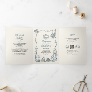 Funky Whimsical handgezeichnet modernes HochzeitsF Dreifach Gefaltete Einladung