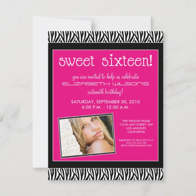 Funky Zebra Sweet 16 Birthday Party Invite (pink) Einladung (Vorderseite)