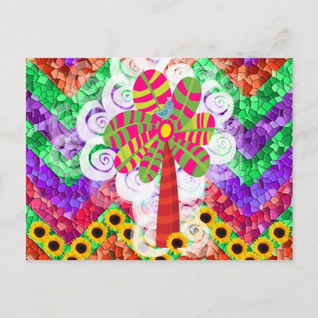 Funky Zickzack Mosaic Tree Wirbel Sonnenblumen Som Postkarte (Vorderseite)