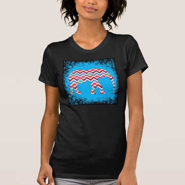 Funky Zigzag Zickzack Elephant auf Aquamarin Blue T-Shirt (Vorderseite)