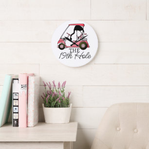 Funny 19. Loch Golf Cart Flamingo Große Wanduhr