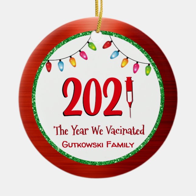 Funny 2021 geimpftes Family Foto Keramik Ornament (Vorne)