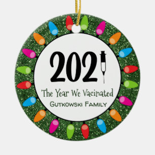 Funny 2021 Impfungen Familien Foto Grüner Glitzer Keramik Ornament