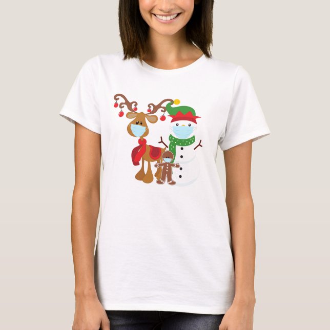 Funny 2021 Reindeer Snowman Face Masken T-Shirt (Vorderseite)