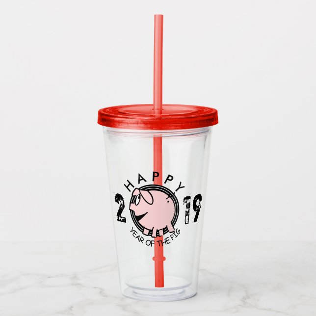Funny 3 Cartoon Pig Jahr custom 2019 A Tumbler Acryltrinkbecher (Vorderseite)
