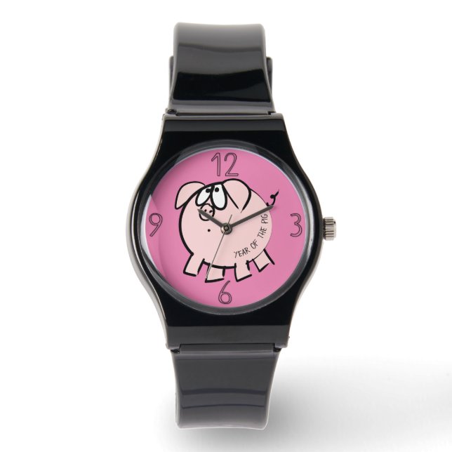 Funny 4 Cartoon Illustration Schweinejahr Geburtst Armbanduhr (Vorderseite)