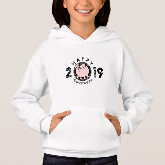 Funny 4 Cartoon Pig Jahr Brauch 2019 Girls Hoodie (Vorderseite)