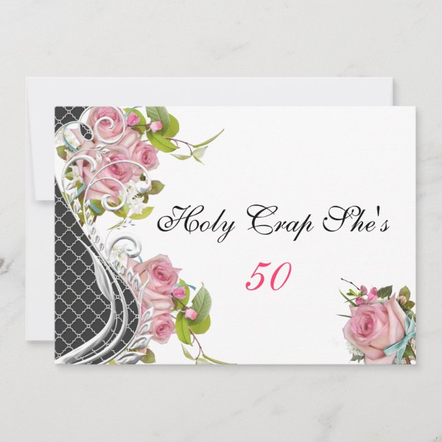 Funny 50. Geburtstag Einladung, Vintag rosa Rosen Einladung (Vorderseite)