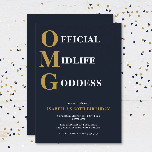 Funny 50th Birthday Navy Gold OMG Humour Einladung (Von Creator hochgeladen)