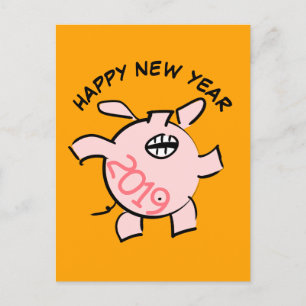 Funny 5 Cartoon Illustration Pig Jahr 2019 PostC Einladungspostkarte