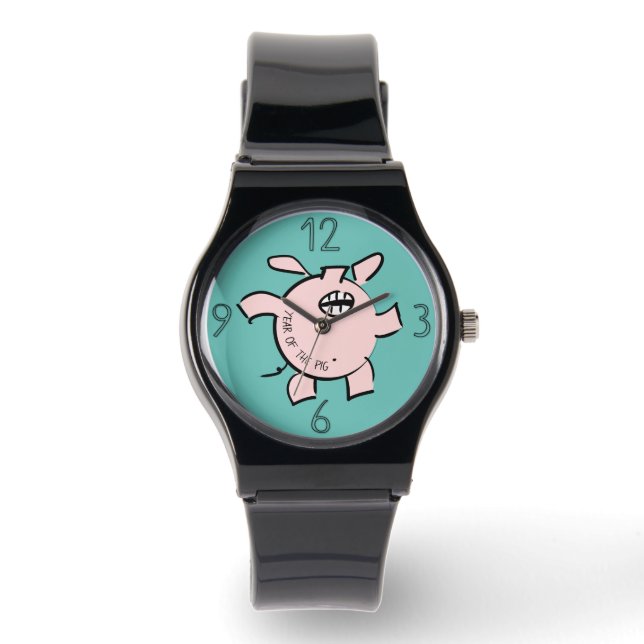 Funny 5 Cartoon Illustration Schweinejahr Geburtst Armbanduhr (Vorderseite)