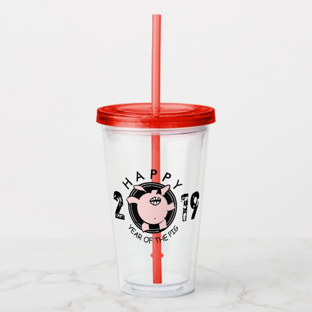 Funny 5 Cartoon Pig Jahr custom 2019 A Tumbler Acryltrinkbecher (Vorderseite)
