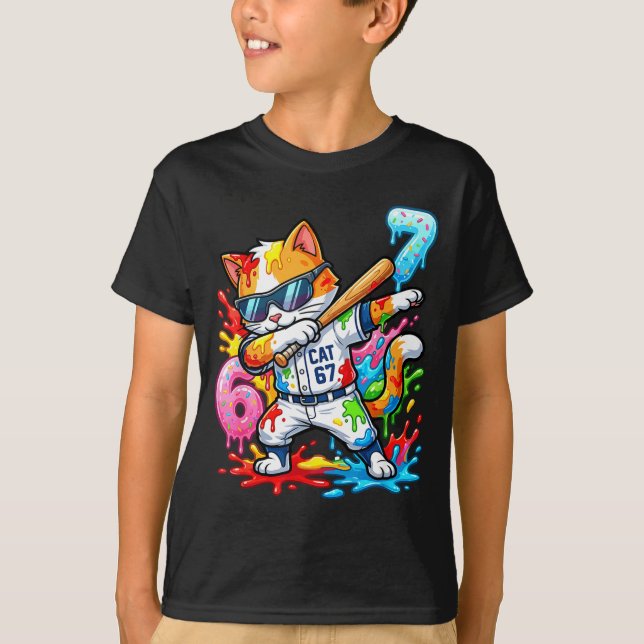 Funny 67 Baseball Dabbing Cat 6 7 Dripng Ice Cream T-Shirt (Vorderseite)