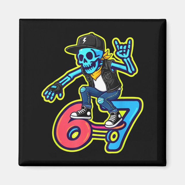 Funny 67 Skeleton Skater Meme Retro Skateboarding  Magnet (Vorne)