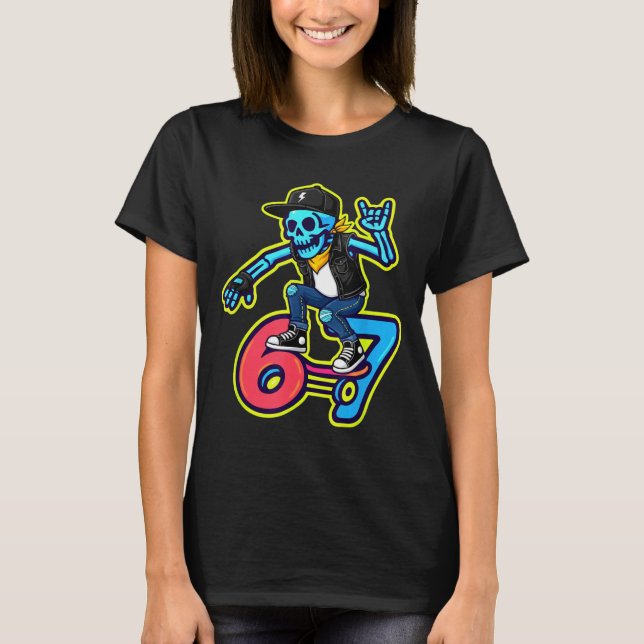 Funny 67 Skeleton Skater Meme Retro Skateboarding  T-Shirt (Vorderseite)
