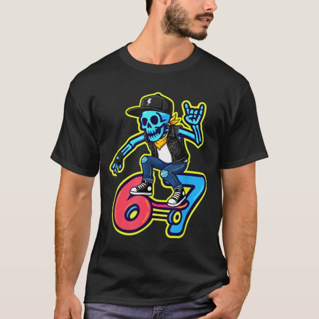 Funny 67 Skeleton Skater Meme Retro Skateboarding  T-Shirt (Vorderseite)