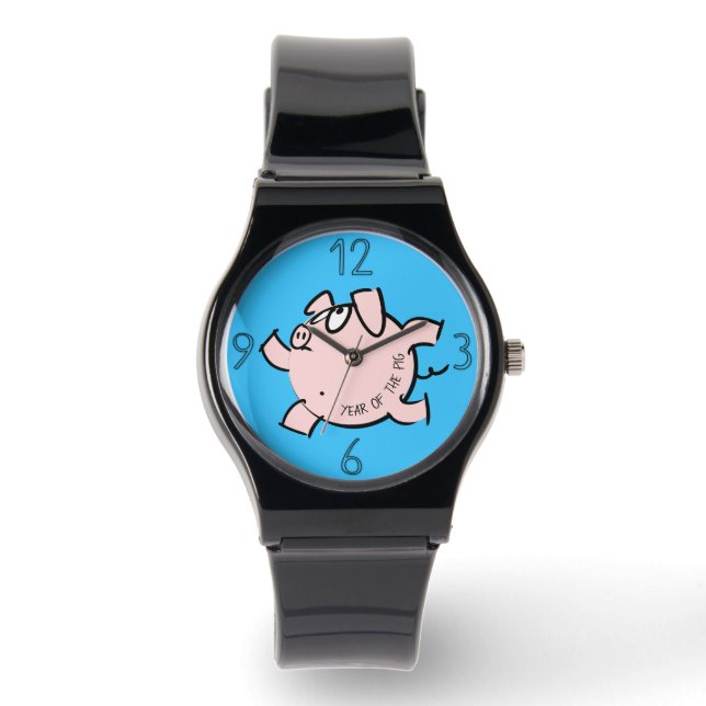 Funny 6 Cartoon Illustration Schweinejahr Geburtst Armbanduhr (Vorderseite)
