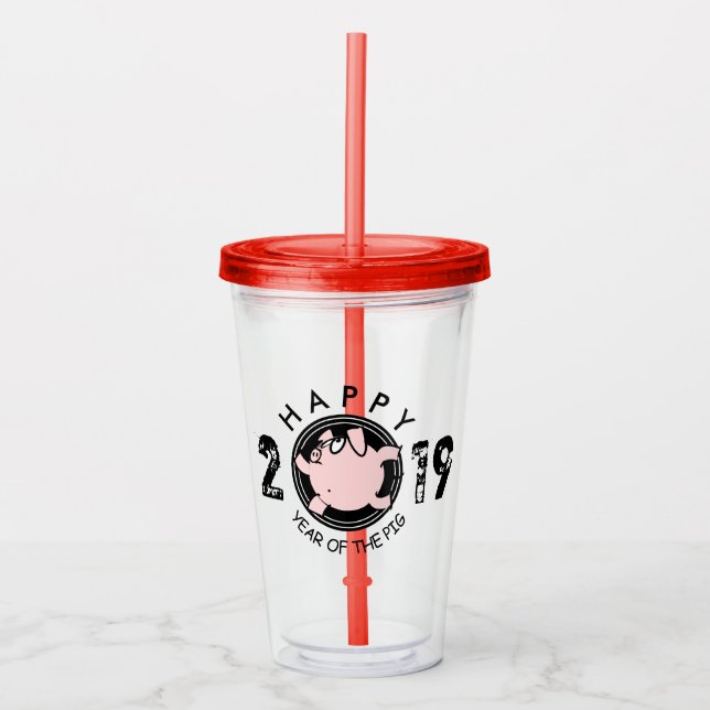 Funny 6 Cartoon Pig Jahr custom 2019 A Tumbler Acryltrinkbecher (Vorderseite)