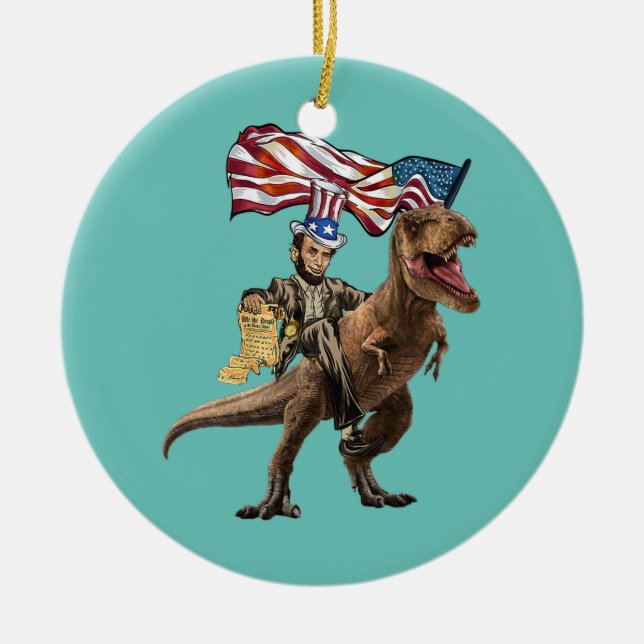 Funny Abe Lincoln mit Dinosaur T Rex American Keramik Ornament (Vorne)