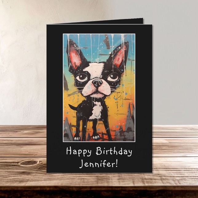 Funny Abstrakt Boston Terrier Happy Birthday Name Karte (Von Creator hochgeladen)