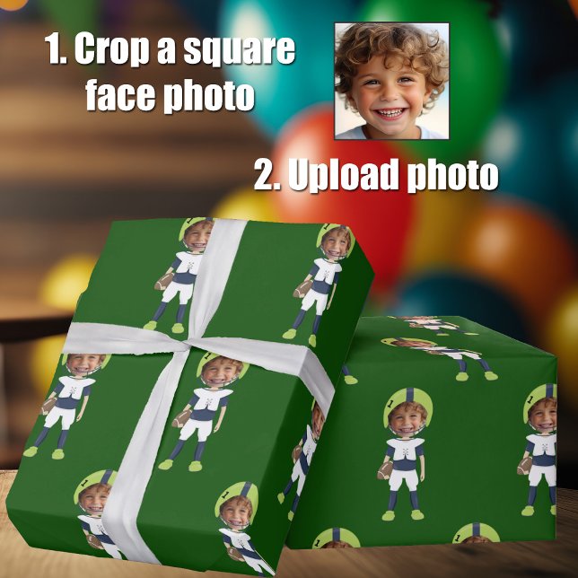 Funny Add Kids Face Photo Football Player Green Geschenkpapier (Von Creator hochgeladen)