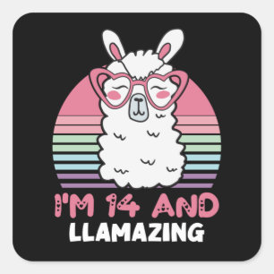 Funny Adorable Llama 14. Geburtstagsgeschenk für F Quadratischer Aufkleber
