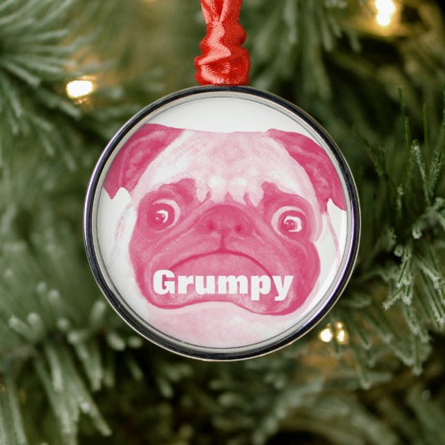 Funny Adorable PINK Grumpy Puggy Ornament Aus Metall (Baum)