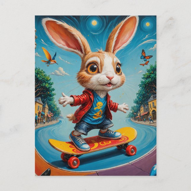Funny Adorable Skateboarding Rabbit Postkarte (Vorderseite)