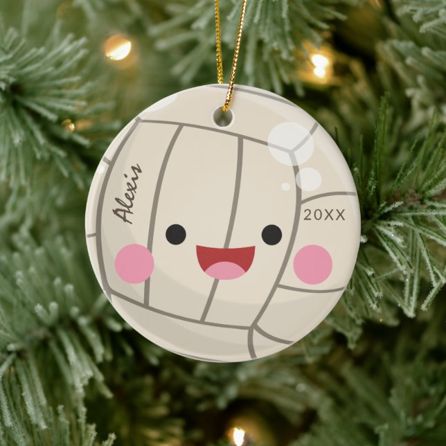 Funny Adorable Volleyball Kawaii Ball Kid's Name Keramik Ornament (Baum)