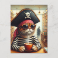 Funny AI Art Piraterie Katze mit Kaffee im Buchlad