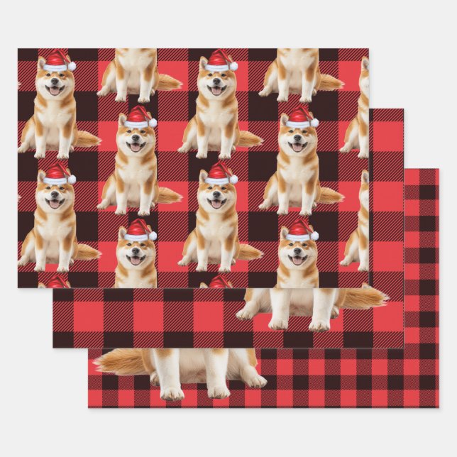 Funny Akita Christmas Dog Buffalo Plaid Geschenkpapier Set (Set)