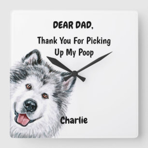Funny Alaskan Malamute Dad Watercolor Canine Art Quadratische Wanduhr