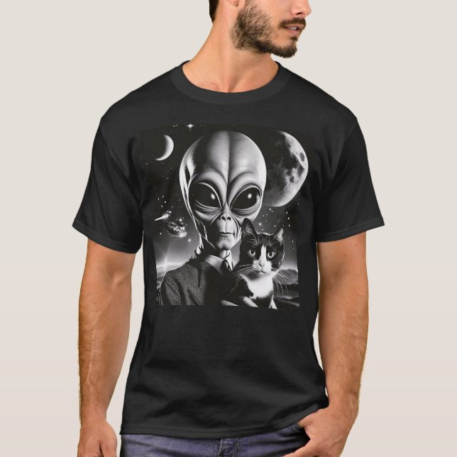 Funny Alien and Cat UFO Outer Space Cat Lover Kitt T-Shirt (Vorderseite)