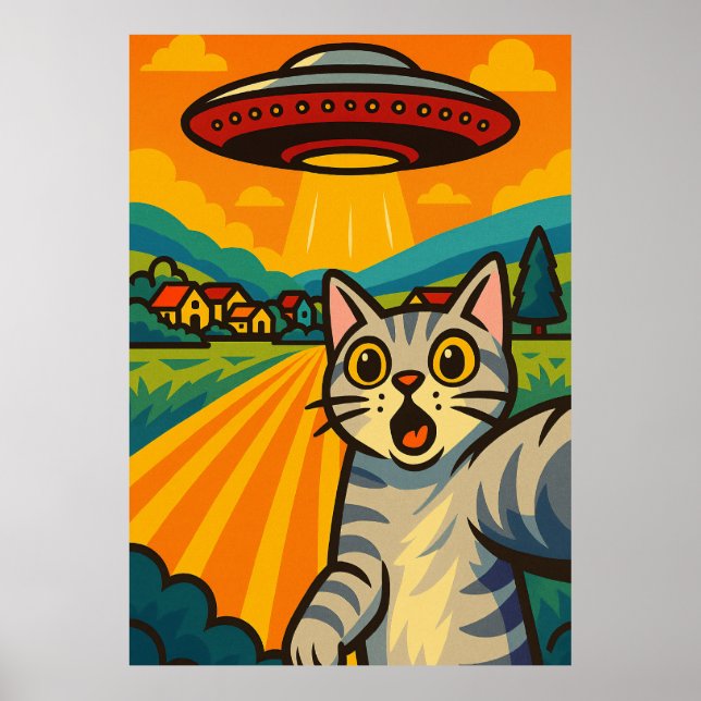 Funny Alien Cat UFO Abduction Cat Retro Pop Art Poster (Vorne)