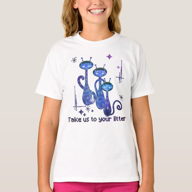 Funny Alien Cats - "Bring uns zu deinem Müll" T-Shirt (Vorderseite)