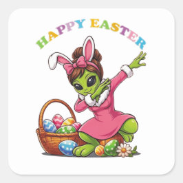 Funny Alien Easter Bunny Dabbing Cute Easter Egg Quadratischer Aufkleber