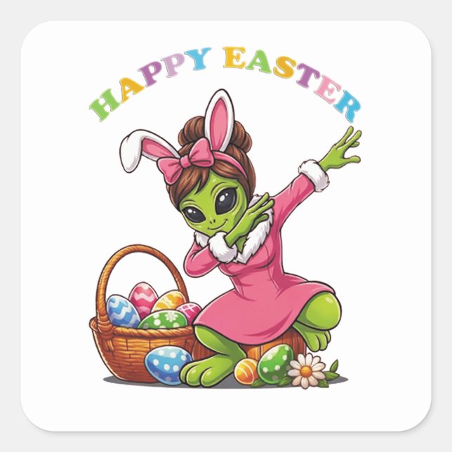 Funny Alien Easter Bunny Dabbing Cute Easter Egg Quadratischer Aufkleber (Vorderseite)