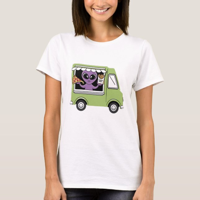 Funny Alien Food Truck Französisch Fries und Pizza T-Shirt (Vorderseite)