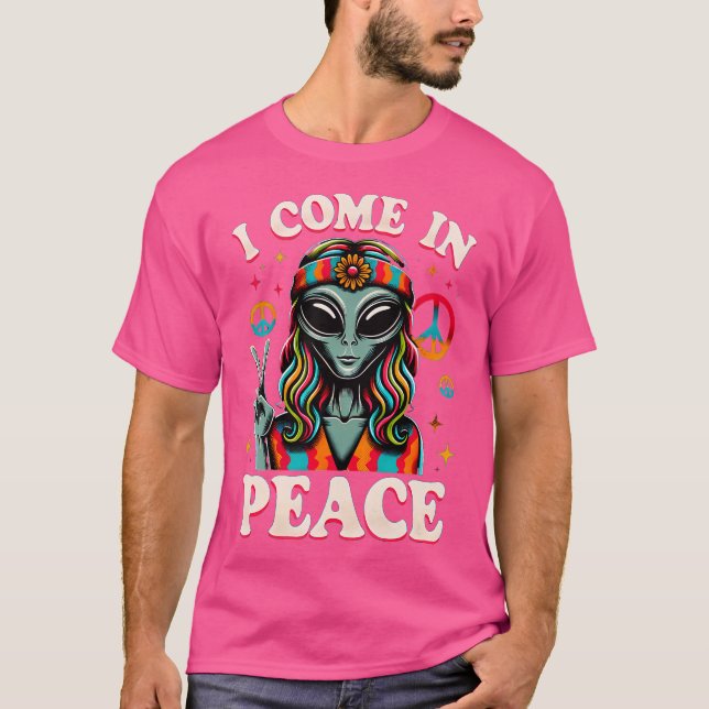 Funny Alien Hippie I Come in Peace Ufo T-Shirt (Vorderseite)
