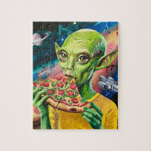 Funny Alien in Space Eating Pizza Puzzle