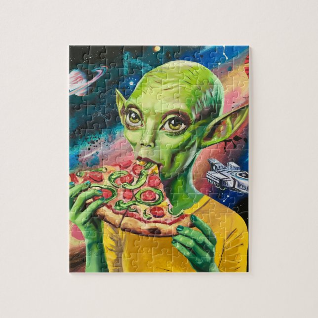Funny Alien in Space Eating Pizza Puzzle (Vertikal)